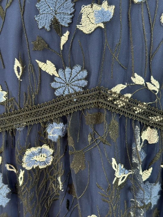 Monique Lhuillier Navy Blue Floral Embroidered Lace Midi Evening Cocktail Dress - Picture 8 of 16